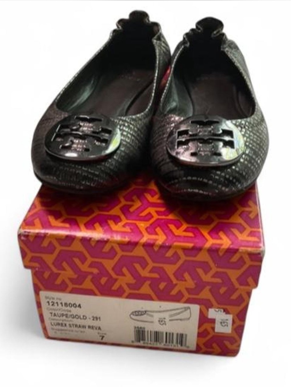 Tory Burch Reva flats, metallic snake-embossed leather, silver-tone logo, 7